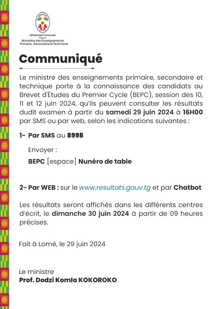 Les résultats du BEPC 2024 au Togo