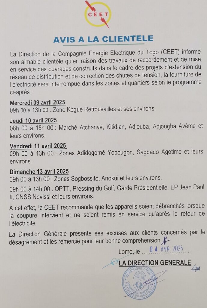 La CEET frappe encore : voici les zones de Lomé sans courant cette semaine

