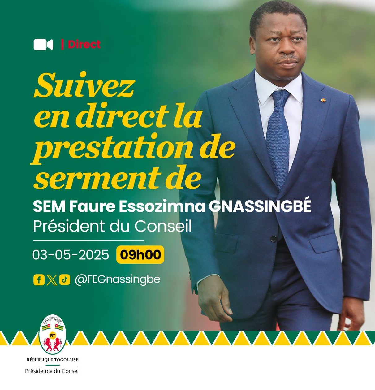 Suivez en direct la prestation de serment de SEM Faure Essozimna GNASSINGBÉ, Président du Conseil